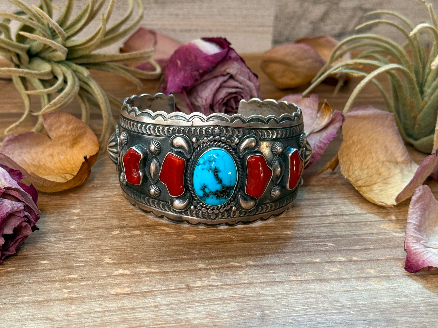 Coral & Turquoise Sterling Silver Cuff Bracelet – Stamped Errick